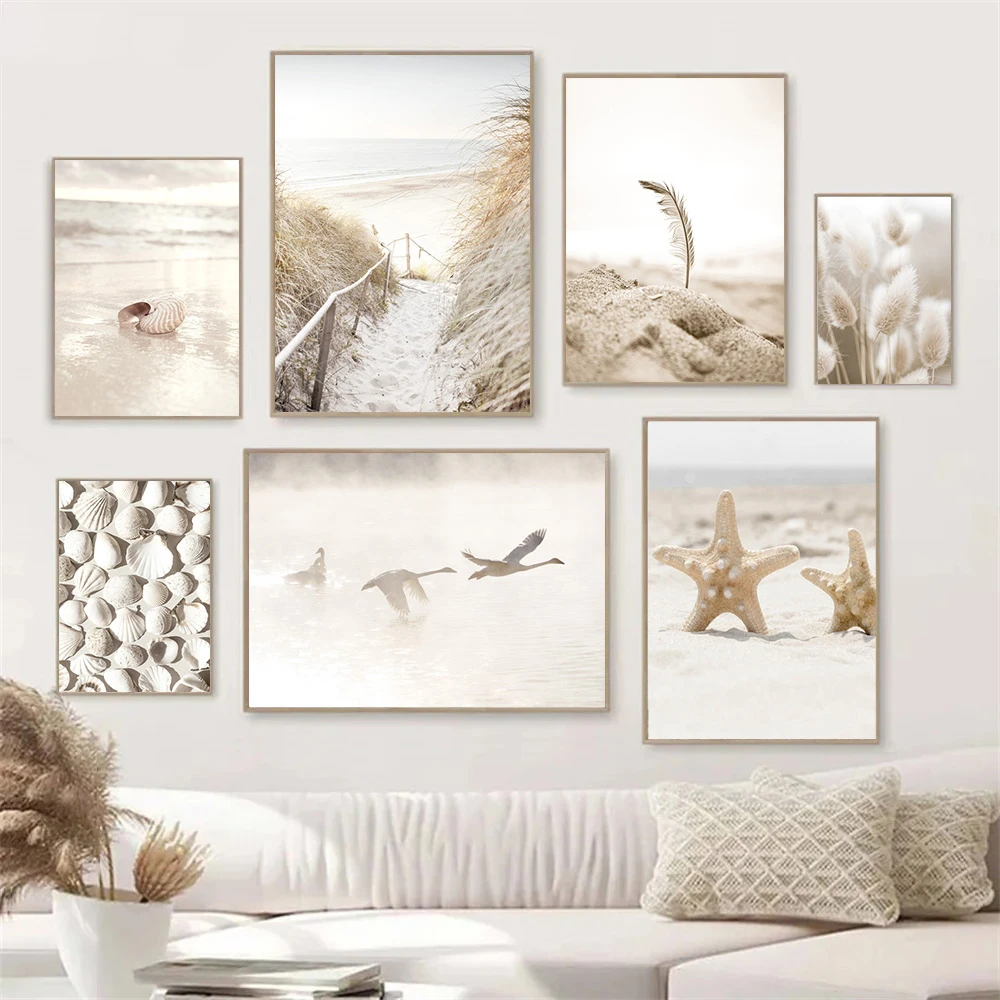 Pampas Grass Decor - Beige Scenery Poster Starfish Shell Beach